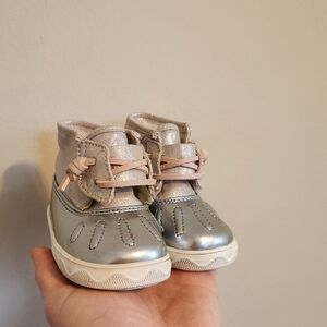 Silver Kids Shoes with Pink Accents